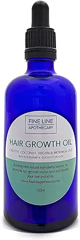 100% Natural, ACEITE para CRECIMIENTO DEL CABELLO - RICINO, ARGAN, MORINGA Y COCO- con ROMERO Y EUCALIPTO - 100 ml de Fine Line Apothecary. Promueve el Crecimiento Cabello, Hidrata, Nutre, Protege.  