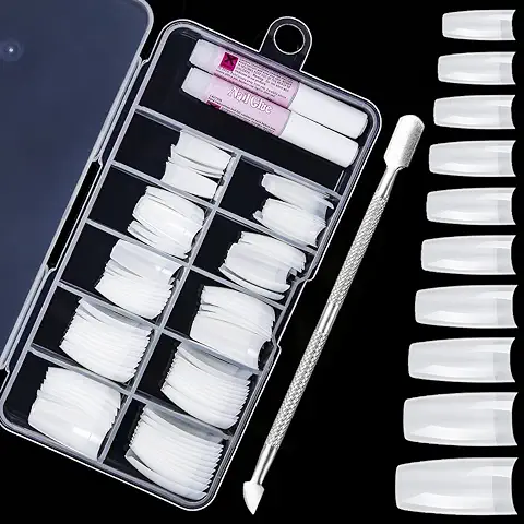 100 Piezas Uñas Falsas Puntas de Uñas Artificiales Acrílico Uñas Natural Francesas con Caja y Pegamento para Mujeres Niñas  
