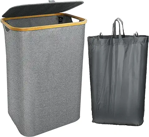 100L Cesto para la Colada con Tapa- Cesto ropa Sucia Existe Bolsas de Lavandería Extraíbles- con asas Laterales de Bambú para cubo ropa Sucia-Gris Cesta ropa Sucia  