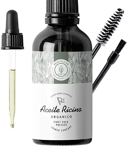 100ml Aceite de Ricino Orgánico, Prensado en Frío, Puro - Estimula y Fortalece el Crecimiento del Cabello, Barba, Pestañas, Cejas, Uñas, Cutículas y piel - Botella de Vidrio, Pincel y Brocha  
