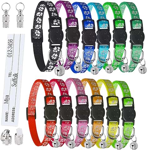 12 Piezas Collar Gato Antiahogo, Collar Gato Reflectante Ajustable, Vistoso Collares para Gatos con Cascabeles y Hebilla Seguro de Liberación Rápida para Gatos y Cachorros  