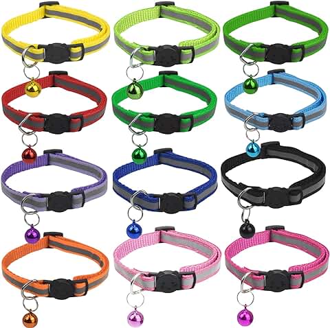 12 Piezas Collar Gato Antiahogo, Collares de Gato de Liberación Rápida Reflectantes de Seguridad de Nailon con Campana, Collares de Gato Ajustables, Collares para Cachorros, Collar de Gatito  