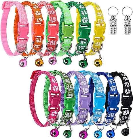 12 Piezas Collares para Gatos con Campana y Nombre y Dirección, Seguro de Liberación Rápida Ajustable Collar de Gatito, Ajustable19-32cm, Apto para Gatos y Cachorros, Conejos  