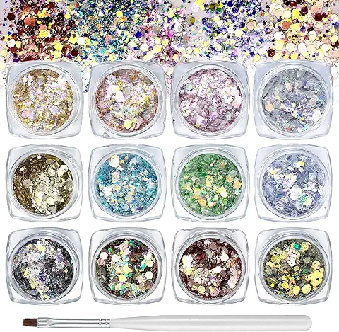 12 Piezas Lentejuelas de Uñas, Brillo del Clavo, Glitter Lentejuelas, Holográficas Brillantes Lentejuelas de Nail Art Purpurina Manualidades Uñas Glitter Maquillaje Accesorios  