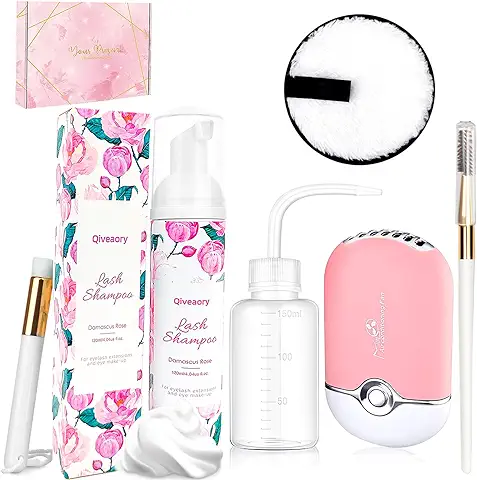 120ml/4.04fl.oz Limpiador de Pestañas Champú de Extensión Lash USB Ventilador Rímel Cepillo con Gorra Almohadilla Desmaquillante Reutilizable Cepillo de Champú Lavado Botella (Rosa)  