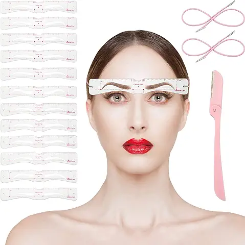 15 Piezas Kit Moldeador Plantilla de Cejas, Incluye 12 Pares Plantilla de Cejas Reutilizable Plantilla de Modelado de Cejas, 2 Piezas Correas, Navaja de Cejas para Mujeres Herramienta de Maquillaje  