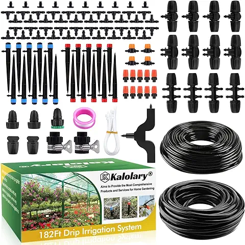 182 Pies Kit de Riego por Goteo Automático, Kalolary 127Pzs Sistema de Riego Jardín con 4/7 8/12 Tubo de Distribución Te De Púas Equipo por Goteo para Plantas de Invernadero Patio Césped (1/4"+5/16")  