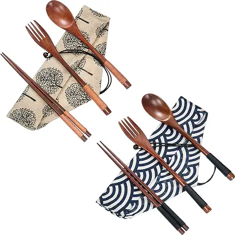 2 Juegos de Cubertería de Madera Juego de Cubiertos Utensilios de Viaje Cubiertos Reutilizables de Línea Atada, Tenedor Cuchara Palillos de Madera  