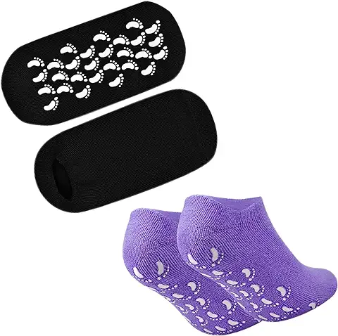 2 Pares Calcetines Hidratantes, Calcetines de Gel Hidratante, Forro de Gel con Aceites Esenciales y Vitaminas, SPA Cuidado de Pies para Reparar las Pieles Secas, Morado y Negro  