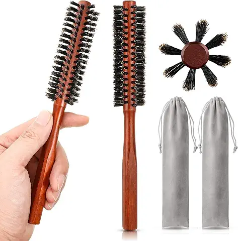 2 Piezas Cepillos de Pelo Redondo Pequeño Mini Cepillo de Barba de Cerdas para Hombres Mujeres con 2 Piezas Bolsas de Cordón para Cabello Fino o Corto  