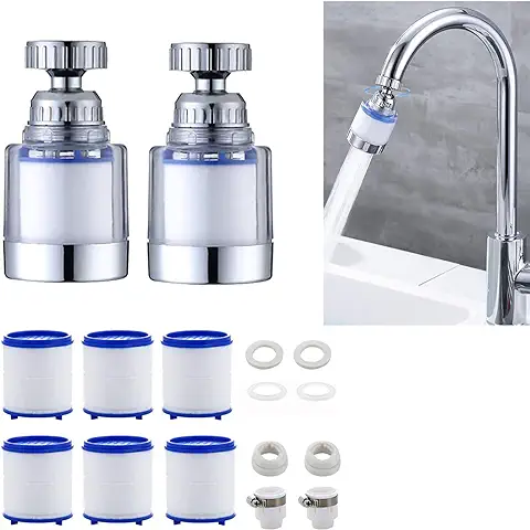 2 Piezas Filtro de agua Grifo,filtro Grifo Cocina Fregadero Antical,con 6 Piezas de Elemento de Filtro de Algodón PP y Adaptador Universal para Fregadero, Cocina, Baño  