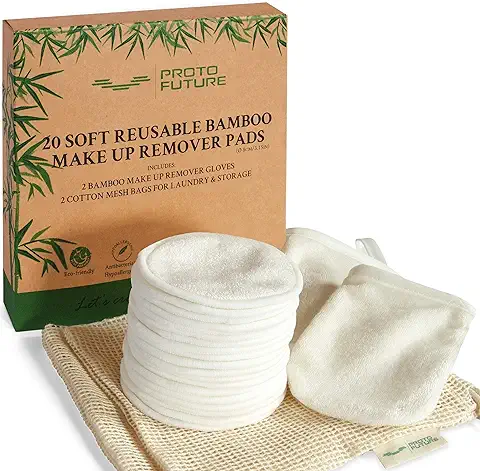 20 Discos Desmaquillantes Reutilizables de Bambú Orgánico – 2 Bolsas de Algodón y 2 Guantes de Bambú, Almohadillas Desmaquillantes Ecológicas - Proto Future  