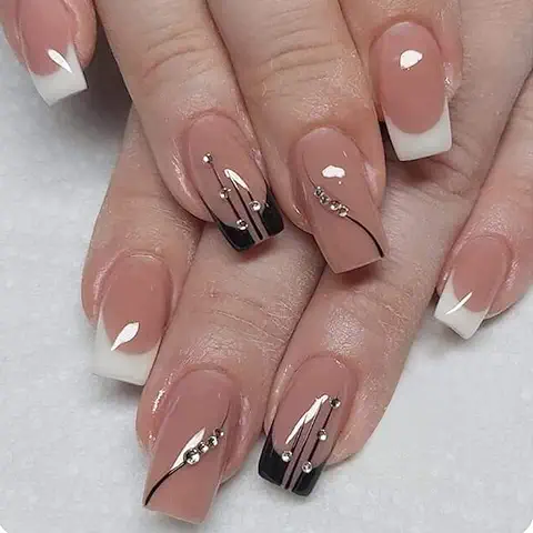 24 Piezas de Uñas Postizas en Blanco y Negro,uñas Postizas Brillantes de Longitud Media con Diamantes de Imitación de Diseño de la Cubierta Completa se Adhieren a las Uñas para las Mujeres  
