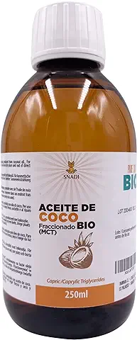 250 ml - Aceite de coco Fraccionado (MCT) BIO - 100% puro y Natural. Aceite para la piel y Aceite de coco para el Cabello. Componente para Productos Cosméticos. Certificación ECO. Snadi.  