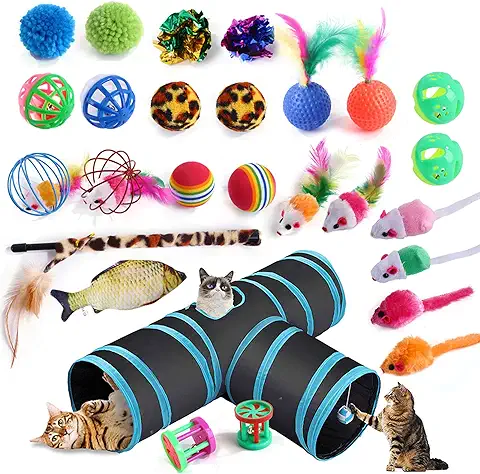 27PCS Juguetes para Paquete de Variedad para Gatitos, Set di Juguetes para Gatos Interactivo Ratón,Ratóns y Bolas Varias para Gatos Juguetes para Gatos con Plumas Túnel Gatita Interactivo Ratones  