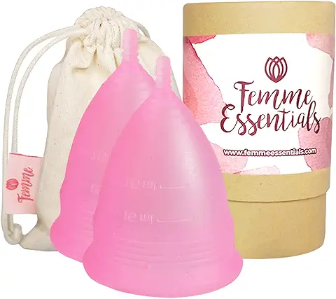 2x Copa Menstrual Femme Essentials - Silicona 100% Hipoalergénica para uso Médico - Ecológico, Seguro, Cómodo e Higiénico - Tamaño: Pequeño - Incluye Bolsa de Algodón Gratis - Color: Rosa  