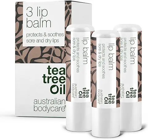 3 Bálsamos Labiales para Labios Secos y Agrietados con Aceite de árbol de té - Bálsamo Labial Calmante e Hidratante - Hidrata y Protege - El Mejor Bálsamo Labial para Labios Agrietados  