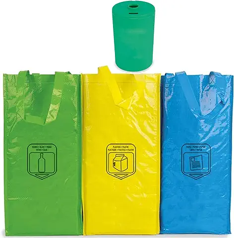 3 Bolsas de Reciclaje Duraderas de Natuiahan. Robustas, Prácticas y Fáciles de Limpiar y Transportar. Incluye un Pequeño Contenedor de Reciclaje de Pilas  