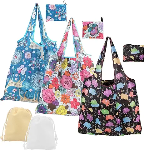 3 Bolsas Plegables de la Compra y 2 Bolsas de Almacenamiento, Bolsas de Compras Reutilizables, Bolsas de la Compra Portátiles Plegables Ecológicas para la Compra Diaria de Alimentos, Blanco,  