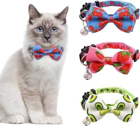 3 Collares para Mascotas con Cascabeles,Collares para Gatos de Liberación Rápida 18-30 Cm,Collar para Gatitos con Pajarita,Collar para Gatos con Hebilla de Seguridad para Cachorros,Perros Pequeños  