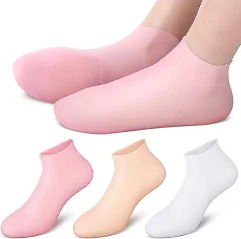 3 Pares Calcetines de Silicona Hidratantes Suavizantes de Piel Áspera Calcetines Talón de Gel para Dedo de Pie Reparación de Talón de Pies Seco Agrietado, Blanco, Color de Piel, Rosa (M)  