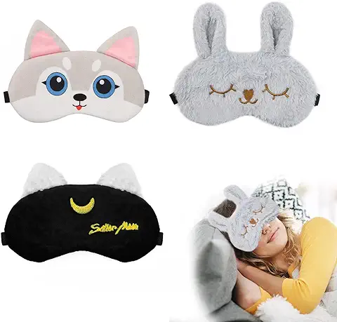 3 Piezas Antifaz para Dormir, HASLED Máscara de Sueño Felpa, Lindo Patrón de Dibujos Animados, Toque Sedoso, Antifaz para Dormir Divertido Sjustable para Descanso de Viaje, Siesta de Oficina  