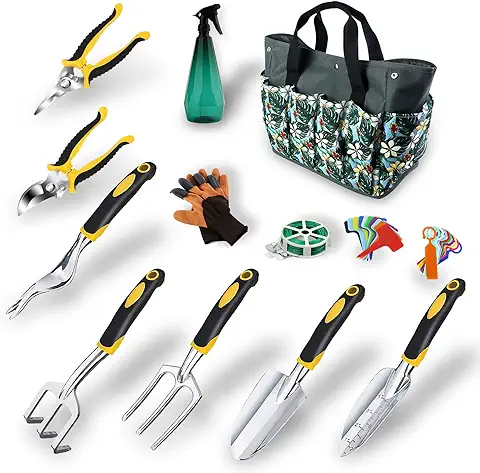 32 Piezas Juego de Herramientas para Jardín, Set de Jardinería Multifuncional, Juego de Herramientas Jardinería Kit con Organizador Bolsa de Jardín Trasplantadora Tijeras Podar Rastrillo Mano Guantes  