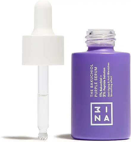 3INA MAKEUP - The Bakuchiol Purple Serum - Serum Facial con 1% Bakuchiol + 3% Péptidos - Bakuchiol Serum Antienvejecimiento Antimperfecciones con Efecto Alisador e Hidratante - Vegan - Cruelty Free  