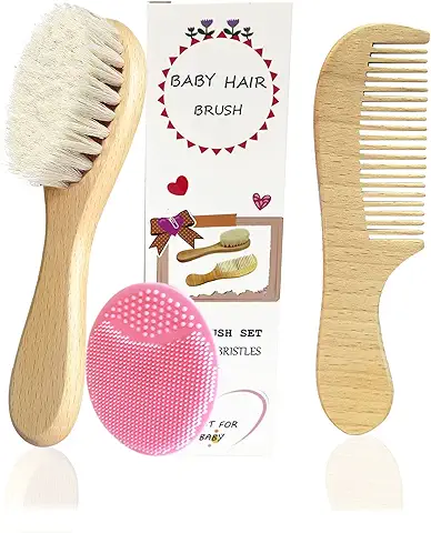 3pcs Cepillo de pelo de Bebé & Conjunto de Peine, Cerdas de Cabra y Silicona para el Tratamiento de la Costra Láctea Cepillo de Madera para Recién Nacidos  