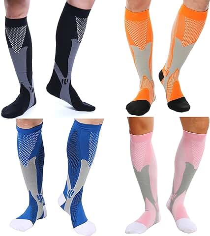 4 Par Calcetines de Compresión Recuperación para Hombres y Mujeres (20-30 Mmhg) Ideal para Dolor de Espinillas, Deportes, Viajes, Dolor de Piernas, Varices, Trombosis Venosa Grave, Embarazo  