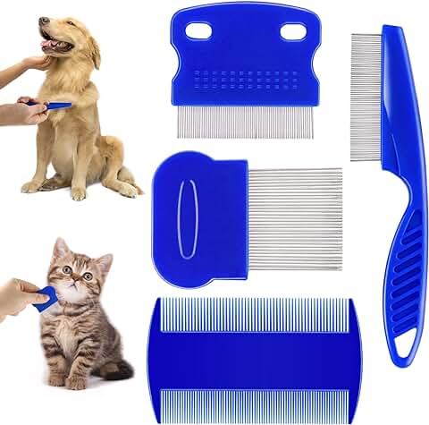 4 PCS Peine de Pulgas y Piojos, Peine de Doble cara de Acero Inoxidable para Perros, Peine Quitamanchas, Quita Enredos y Nudos, Herramienta de Limpieza para Mascotas Pequeñas, Medianas y Grandes  