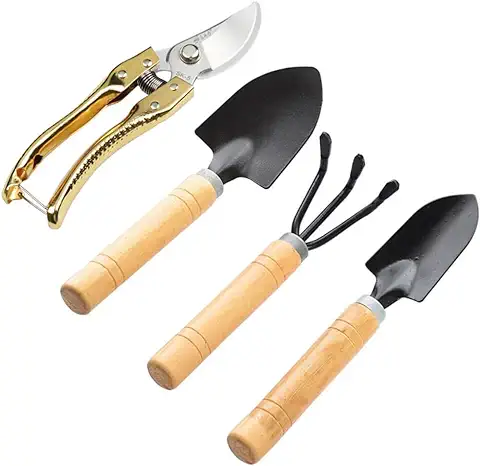 4 PCS Rastrillo De Escarda, Herramienta De Jardinería, Azada Con Mango De Madera, Kit De Herramientas De Poda pala De Escala Pala Rastrillo De Tres Dientes  
