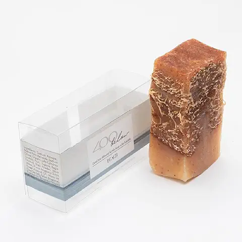 400Below - Pastilla De Jabón Exfoliante Minera Del Mar Muerto Con Perfume De Melocotón, Pastilla De Jabón Natural Regenerador, Pastilla De Jabón Para el Cuerpo Con Esponja Vegana Luffa, 200g  