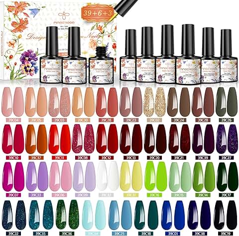 48 Pcs Esmalte Semipermanente Gel UV LED, 39 Colores de Pintauñas Semipermanentes con 2 Base, Top Coat Brillante y Mate, capa Superiores de Diamante y Brilla en la Oscuridad, 3 Paiting Gel Esmaltes  