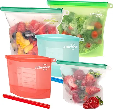 5 Bolsas Reutilizables de Silicona para Alimentos de Affiniden® | Bolsas de Almacenamiento de Varios Tamaños (3 x 1000 ml más 2 x 1500 ml) | Juego Ecológico  