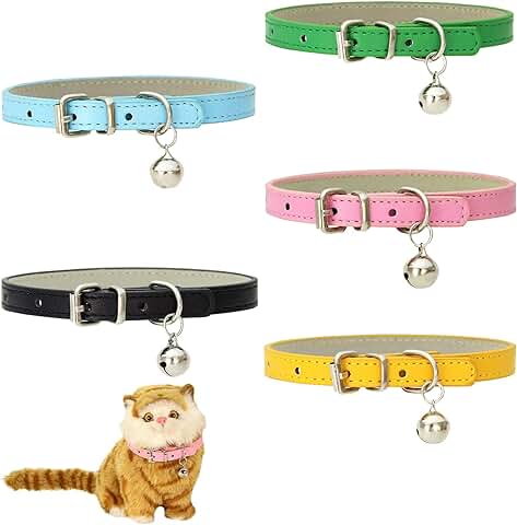 5 Collares De Piel para Gatos con Campana,Collar Gato con Cascabeles Y Hebilla De Metal,Collar De Gato Ajustables De 20-28cm para Animales PequeñOs  