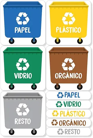 5 Etiquetas Adhesivas para Reciclaje Basura. Pegatinas para la Gestión de Residuos. Resistentes al Agua. (XS)  