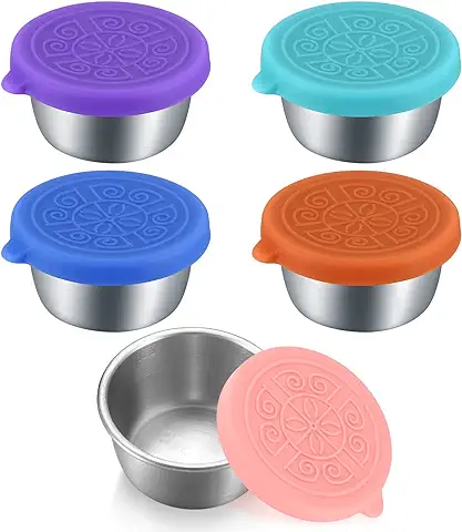 5 Piezas Recipientes para Salsa con Tapa de Silicona, Pequeño Recipientes para Alimentos, Mini 50ML Recipiente para Condimentos de Acero Inoxidable para Llevar, Prueba de Fugas, Reutilizable  