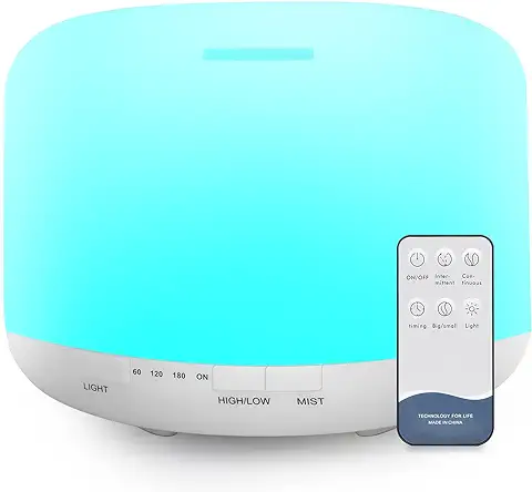 500 ml Difusor de Aceites Esenciales, sin BPA Humidificador Ultrasónico con Mando a Distancia y 7 Diferentes Luces Cambiantes - Apagado Automático sin Agua  