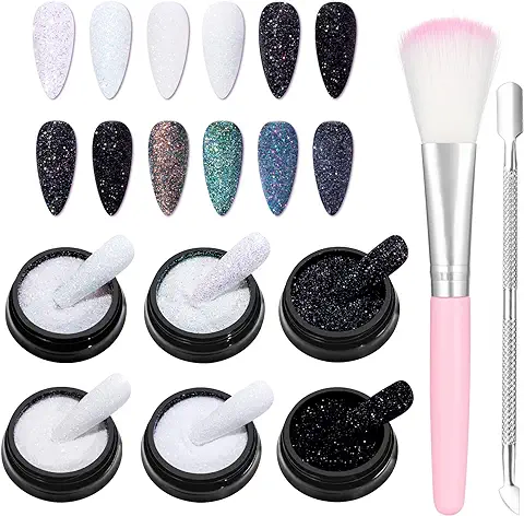 6 Colores Purpurinas Polvo, Polvos de Uñas Brillante Polvo de Brillo de Uñas 3D Efecto Azúcar con Pinceles de Uñas DIY Decoración de Uñas para Manicura  