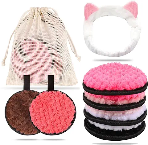 6 Unidades de Algodón Desmaquillante Lavable, Orgánico, Toallitas Desmaquillantes, Reutilizables, Redondas, con Diadema para el Cabello, Maquillaje y Bolsa de Almacenamiento para Lavado Facial  