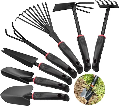7 Piezas Herramientas de Jardin Aluminio con Azada Doble Palas de Jardin Rastrillo de Mano para Trasplante y Mantenimiento  