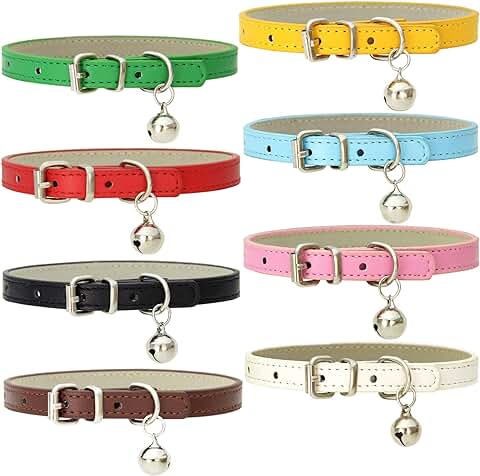 8 Collares de piel para Gatos con Campanas, Hechos a Mano, con Hebilla de Metal Pulido, Duradero, Ajustables, para Animales Pequeños, al aire Libre, Interior  