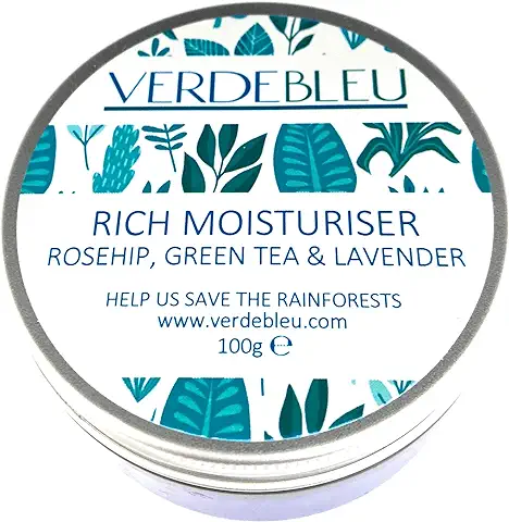 99% Natural CREMA FACIAL HIDRATANTE - ROSA MOSQUETA, TÉ VERDE & LAVANDA - 100g de VERDEBLEU Delicado pH 5,5 para Pieles Sensibles. Donamos el 5% de Ganancias para Ayudar a Salvar los Bosques Lluviosos  