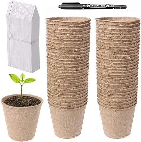 Abimars 50 Piezas Macetas de Semillas de Fibra Biodegradable, 8 cm Macetas Bandejas para Semilleros Plántulas Jardinería con 50 Etiquetas de Plástico para Plantas, 1 x 10 cm Rotulador de Plantas