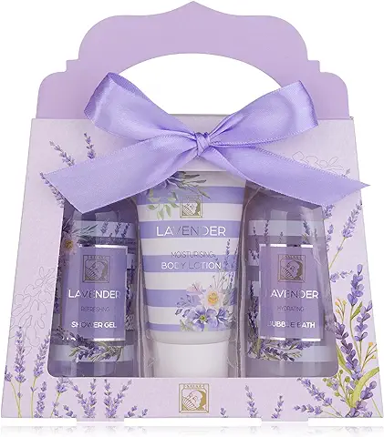 Accentra - set de Ducha para Mujer LAVANDA en una Hermosa caja de Regalo - set de Cuidado y Bienestar de 3 Piezas con gel, Loción Corporal y Baño de Burbujas  