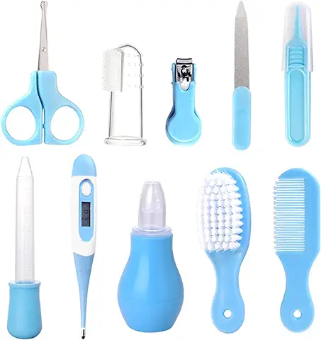 Accesorios Bebe Recien Nacido Set para Cuidado del Bebé, 10 Piezas Kit de Aseo para Bebés, Kit Cuidado Higiénico Personal para el Hogar y de Viaje, Ideal para Recién Nacido, Niña y Niño(azul)  