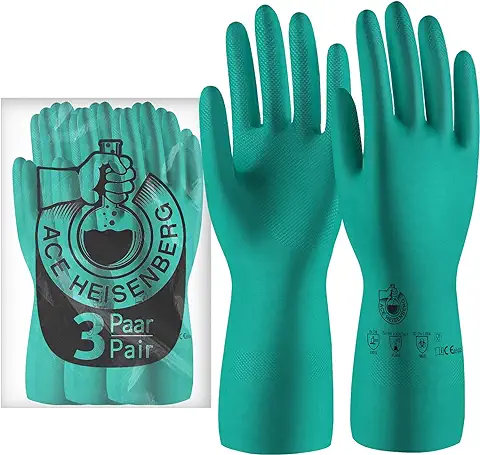 ACE 3x Guantes de Nitrilo Heisenberg Resist. a Químicos para Trabajo: EN 388/374-1/374-5, Impermeables, Antideslizantes, Protección Contra Aceite, para Mecánico, Agricultura, Limpieza, sin Látex  