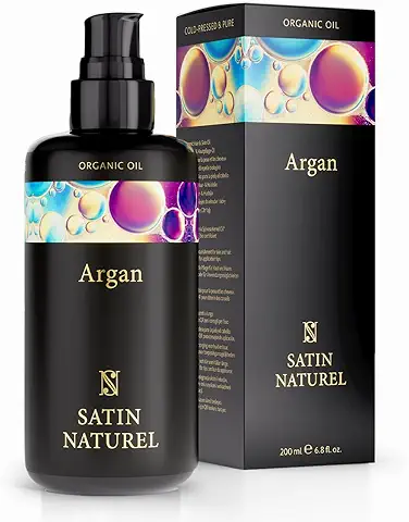 Aceite de Argan de Marruecos ORGANICO Vegano 200ml - 100% Puro y Prensado en Frío + Vitamina E - Hidratación y Mascarilla pelo seco y Dañado + Barba, Piel, Cabello, Cuerpo, Uñas - Satin Naturel  