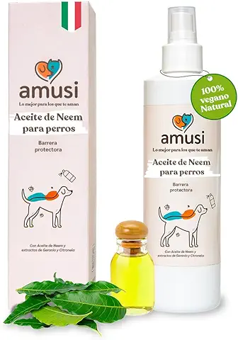 Aceite de Neem para Perros de Amusi - 250 ml - Spray Antiparasitario para Perros - Anti Insectos Anti Pulgas - Contra Garrapatas Pulgas Mosquitos Moscas Ácaros Piojos  